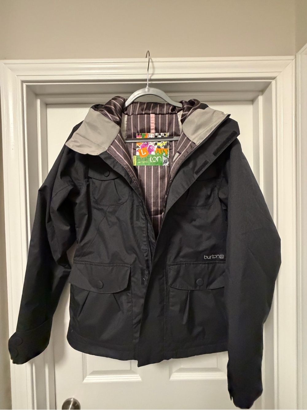 Burton Black Hooded Ski Jacket with Striped Lining